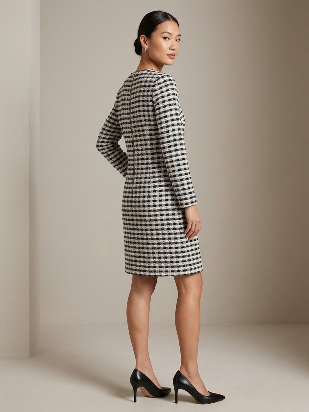 Ann Taylor Factory Tweed Plaid Shift Dress Small Petite SP Black White career